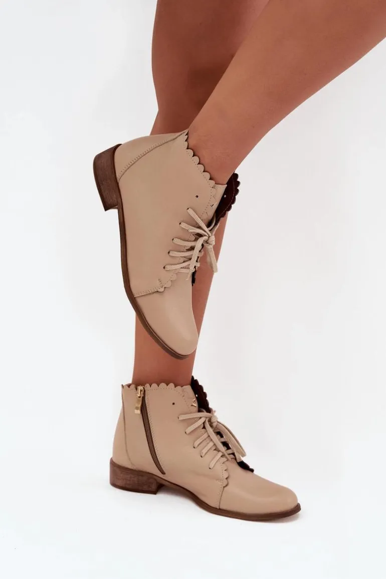 Zazoo 2964 Skórzane Botki Na Płaskim Obcasie Beżowe