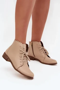 Zazoo 2964 Skórzane Botki Na Płaskim Obcasie Beżowe