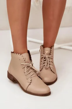 Zazoo 2964 Skórzane Botki Na Płaskim Obcasie Beżowe