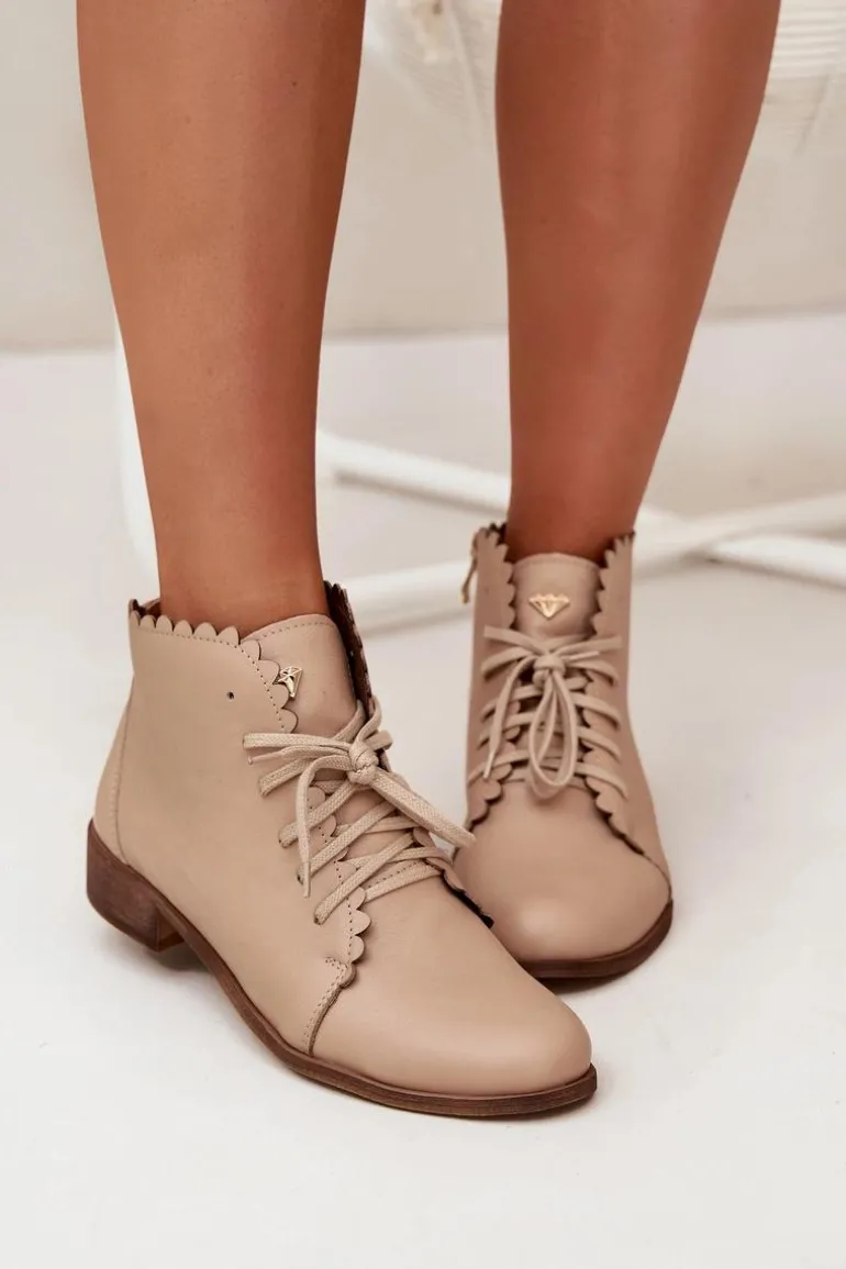 Zazoo 2964 Skórzane Botki Na Płaskim Obcasie Beżowe