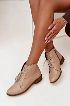 Zazoo 2964 Skórzane Botki Na Płaskim Obcasie Beżowe