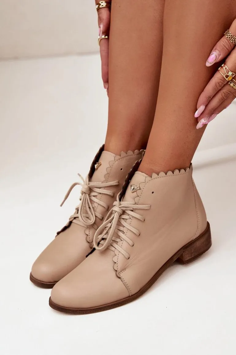 Zazoo 2964 Skórzane Botki Na Płaskim Obcasie Beżowe