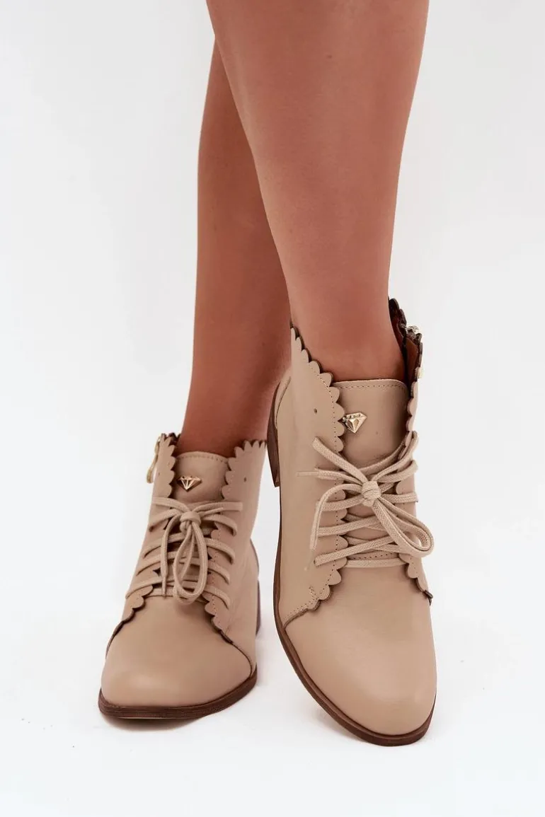 Zazoo 2964 Skórzane Botki Na Płaskim Obcasie Beżowe