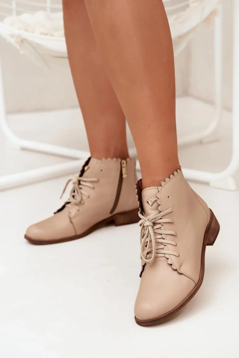 Zazoo 2964 Skórzane Botki Na Płaskim Obcasie Beżowe