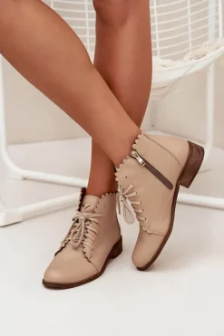 Zazoo 2964 Skórzane Botki Na Płaskim Obcasie Beżowe