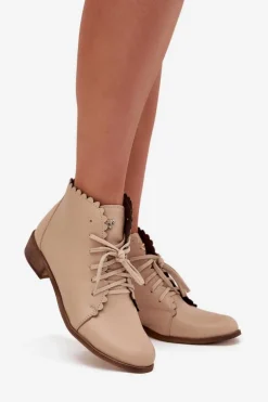 Zazoo 2964 Skórzane Botki Na Płaskim Obcasie Beżowe