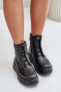 Zazoo 60472 Skórzane Botki Na Platformie I Koturnie Czarne