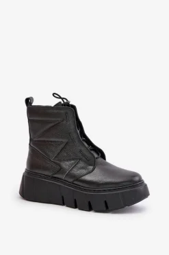 Zazoo 60472 Skórzane Botki Na Platformie I Koturnie Czarne