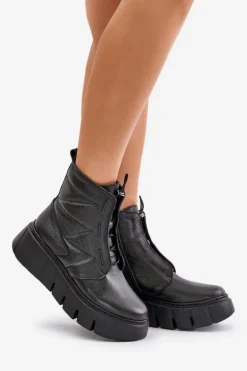 Zazoo 60472 Skórzane Botki Na Platformie I Koturnie Czarne