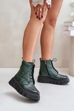 Zazoo 60472 Skórzane Botki Na Platformie I Koturnie Ciemnozielone