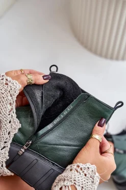 Zazoo 60472 Skórzane Botki Na Platformie I Koturnie Ciemnozielone