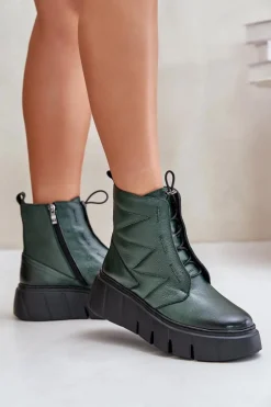 Zazoo 60472 Skórzane Botki Na Platformie I Koturnie Ciemnozielone