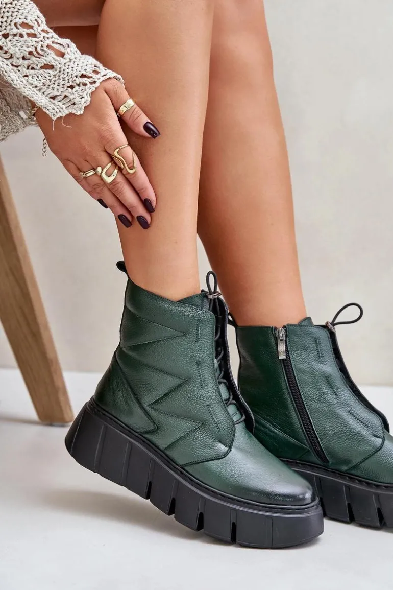 Zazoo 60472 Skórzane Botki Na Platformie I Koturnie Ciemnozielone