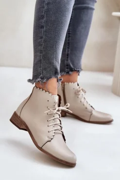 Zazoo 2964 Skórzane Botki Na Płaskim Obcasie Beżowe