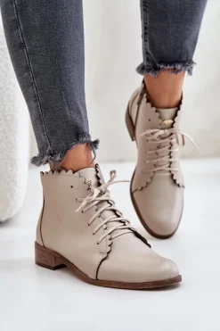 Zazoo 2964 Skórzane Botki Na Płaskim Obcasie Beżowe