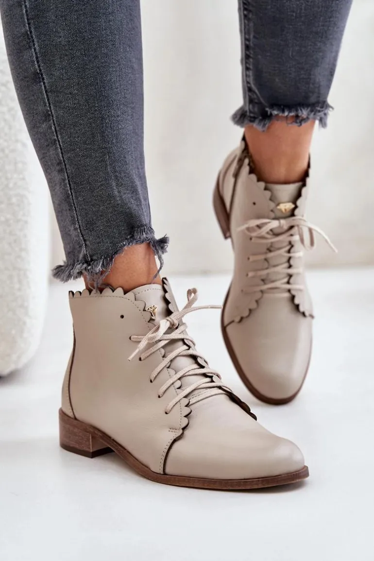 Zazoo 2964 Skórzane Botki Na Płaskim Obcasie Beżowe