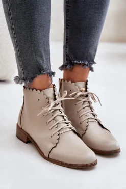 Zazoo 2964 Skórzane Botki Na Płaskim Obcasie Beżowe