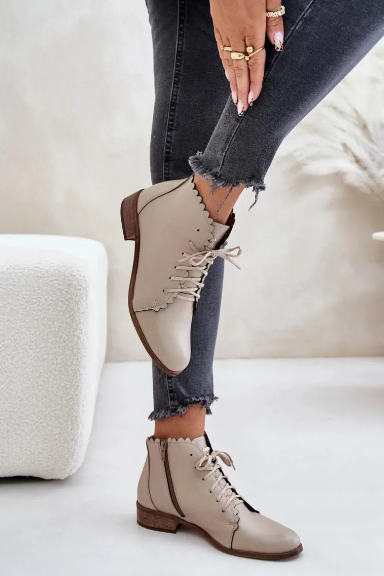 Zazoo 2964 Skórzane Botki Na Płaskim Obcasie Beżowe