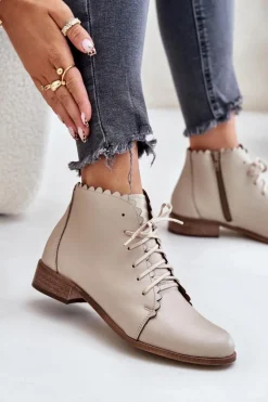 Zazoo 2964 Skórzane Botki Na Płaskim Obcasie Beżowe