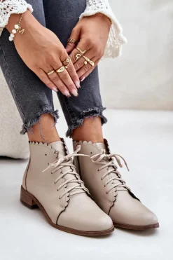 Zazoo 2964 Skórzane Botki Na Płaskim Obcasie Beżowe