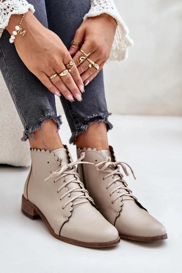 Zazoo 2964 Skórzane Botki Na Płaskim Obcasie Beżowe