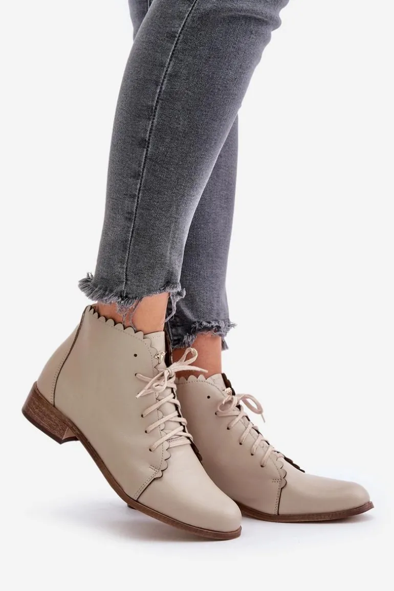 Zazoo 2964 Skórzane Botki Na Płaskim Obcasie Beżowe