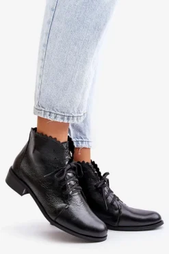 Zazoo 2964 Skórzane Botki Na Płaskim Obcasie Czarne