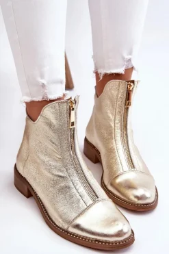 Zazoo 2785 Skórzane Botki Na Suwak Złote