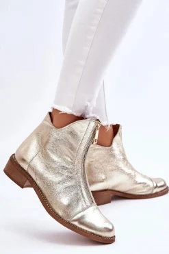 Zazoo 2785 Skórzane Botki Na Suwak Złote