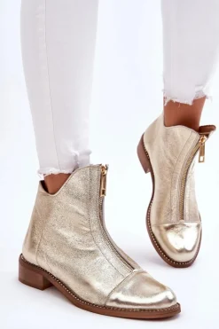 Zazoo 2785 Skórzane Botki Na Suwak Złote