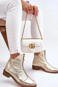 Zazoo 2785 Skórzane Botki Na Suwak Złote