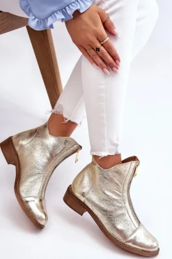 Zazoo 2785 Skórzane Botki Na Suwak Złote