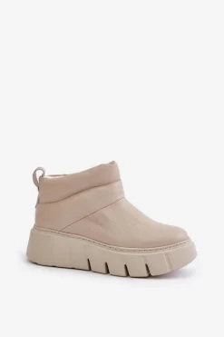 Zazoo 60470 Skórzane Botki Ocieplane Wełną Na Platformie Jasnobeżowe