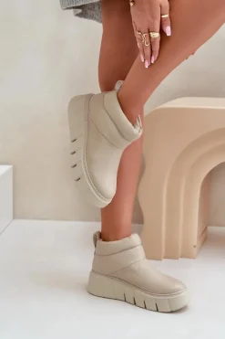 Zazoo 60470 Skórzane Botki Ocieplane Wełną Na Platformie Jasnobeżowe