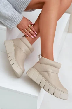 Zazoo 60470 Skórzane Botki Ocieplane Wełną Na Platformie Jasnobeżowe