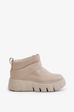 Zazoo 60470 Skórzane Botki Ocieplane Wełną Na Platformie Jasnobeżowe
