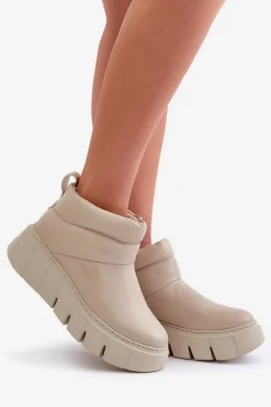 Zazoo 60470 Skórzane Botki Ocieplane Wełną Na Platformie Jasnobeżowe
