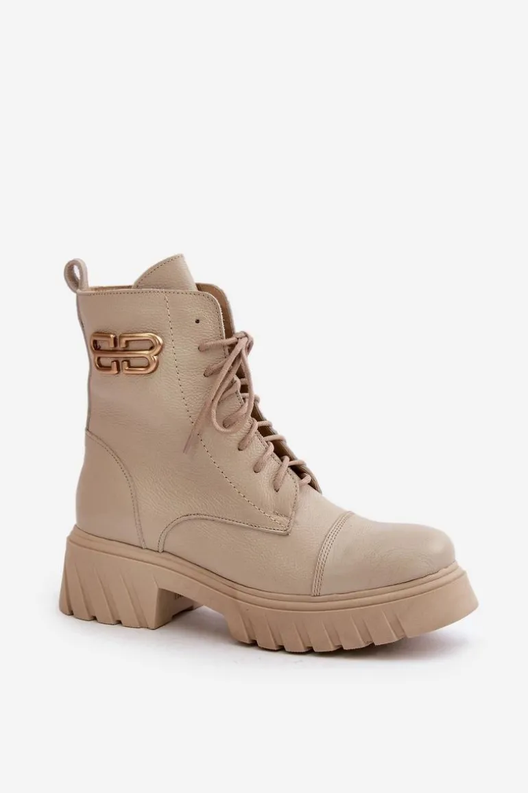 Zazoo 60486 Skórzane Botki Workery Ocieplane Ze Złotym Detalem Jasnobeżowe