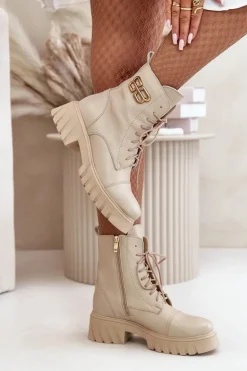 Zazoo 60486 Skórzane Botki Workery Ocieplane Ze Złotym Detalem Jasnobeżowe