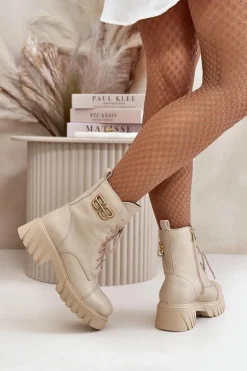 Zazoo 60486 Skórzane Botki Workery Ocieplane Ze Złotym Detalem Jasnobeżowe