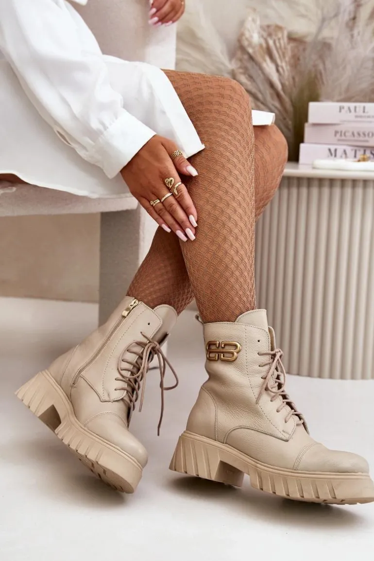 Zazoo 60486 Skórzane Botki Workery Ocieplane Ze Złotym Detalem Jasnobeżowe