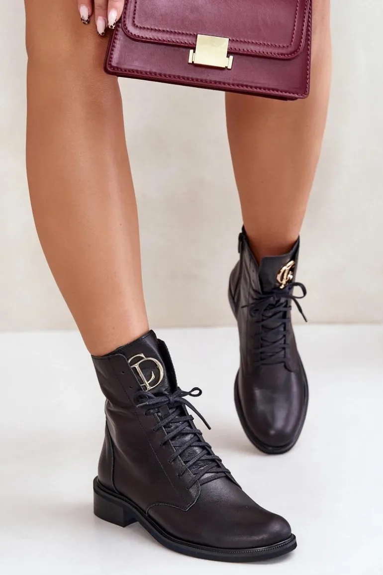 Zazoo 2955 Skórzane Botki Workery Ze Złotym Detalem Na Języku Czarne