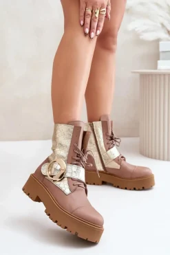 Zazoo 2942 Skórzane Botki Workery Ze Złotą Klamrą Beżowe