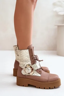 Zazoo 2942 Skórzane Botki Workery Ze Złotą Klamrą Beżowe