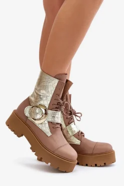 Zazoo 2942 Skórzane Botki Workery Ze Złotą Klamrą Beżowe