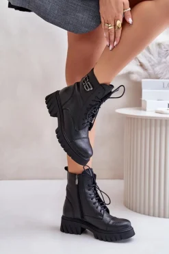 Zazoo 60486 Skórzane Botki Workery Ocieplane Czarne