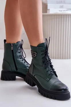 Zazoo 60486 Skórzane Botki Workery Ocieplane Ciemnozielone