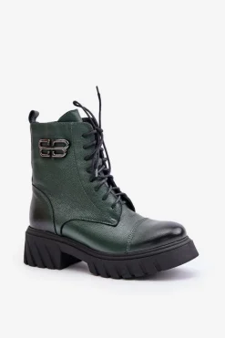 Zazoo 60486 Skórzane Botki Workery Ocieplane Ciemnozielone