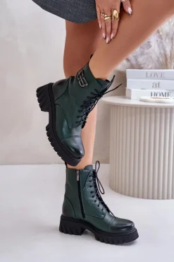 Zazoo 60486 Skórzane Botki Workery Ocieplane Ciemnozielone