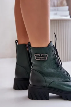 Zazoo 60486 Skórzane Botki Workery Ocieplane Ciemnozielone